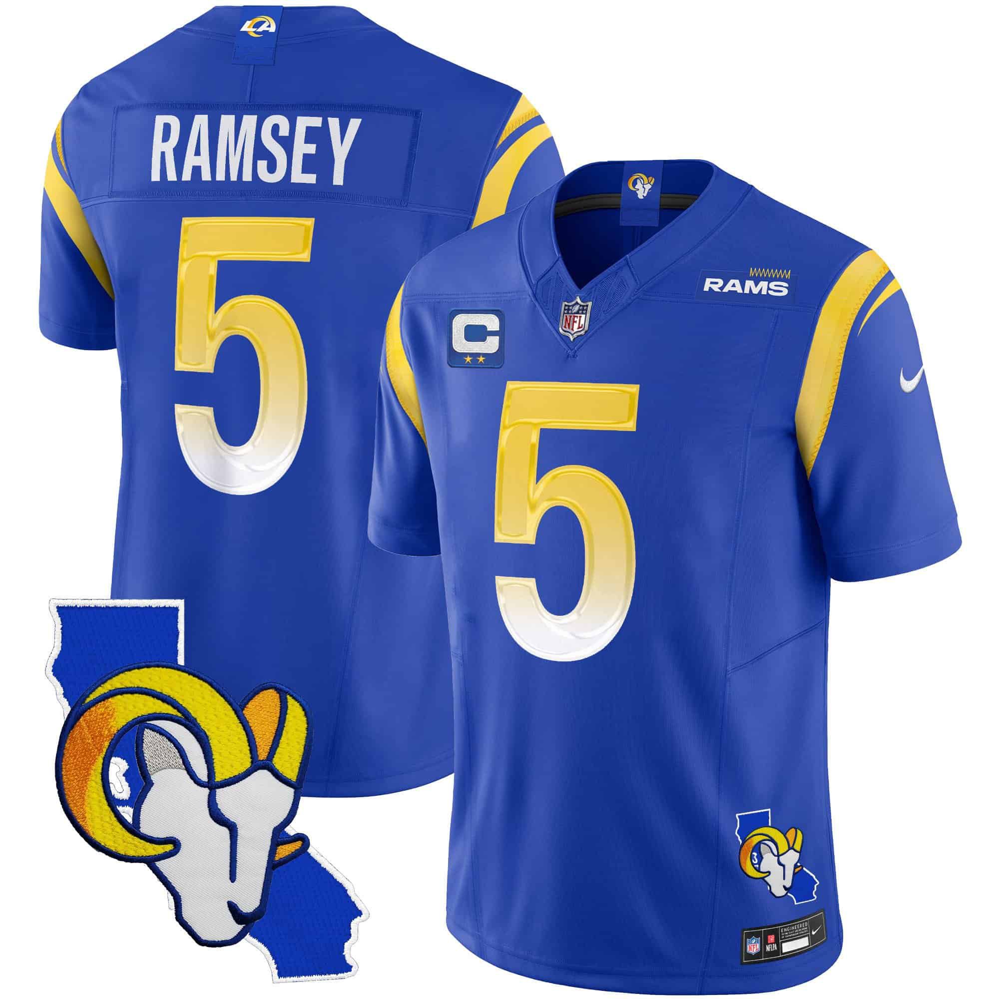 Men Los Angeles Rams 5 Ramsey Blue 2024 Nike California Patch Vapor Limited NFL Jersey style 1